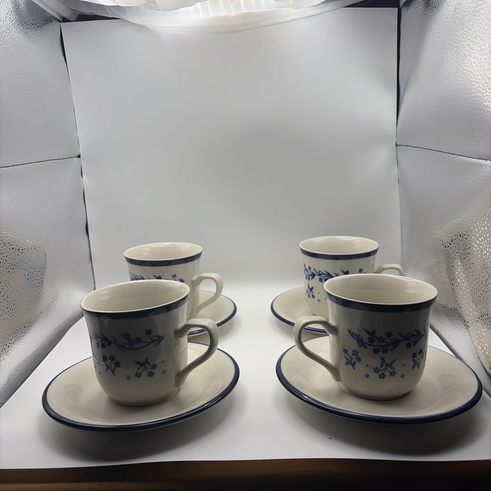 4 Sango Provence 260 Bouquet Blue Coffee Tea Cups & Saucers French Country Set‎